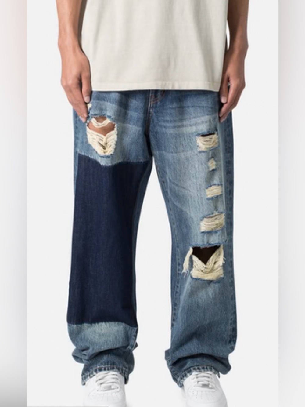 Mnml Ultra Baggy One Knee Thrashed Men's 34 Distressed Patchwork Blue Jeans-NWT